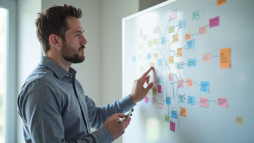 Креативная интеллект-карта на доске с цветными маркерами в офисе